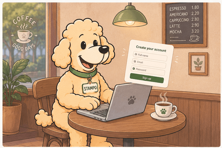 Stampo at a wooden café table, signing up on a laptop with a coffee on the side