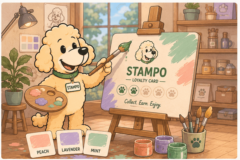 Stampo at an easel, paintbrush in paw, with peach, lavender, and mint swatches on the floor