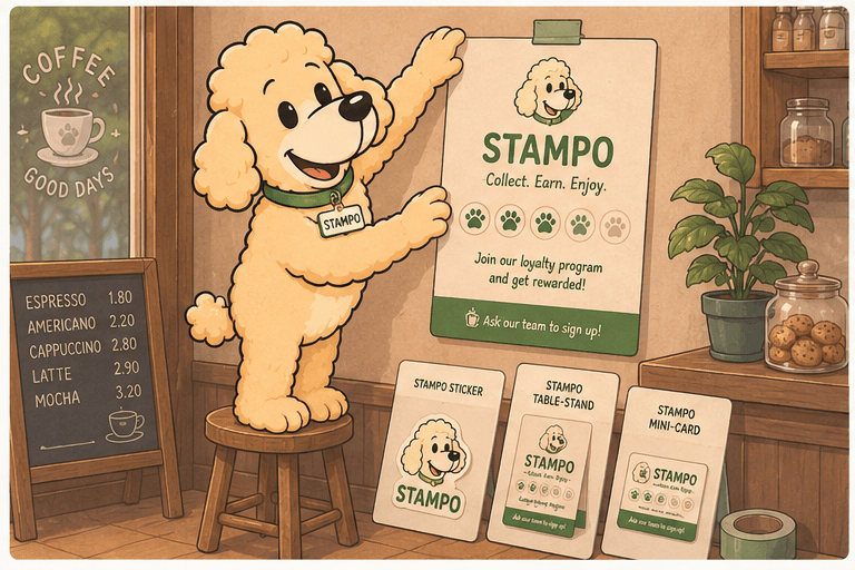 Stampo on a stool pinning the Stampo poster on a café wall, with sticker, table-stand and mini-card laid out below