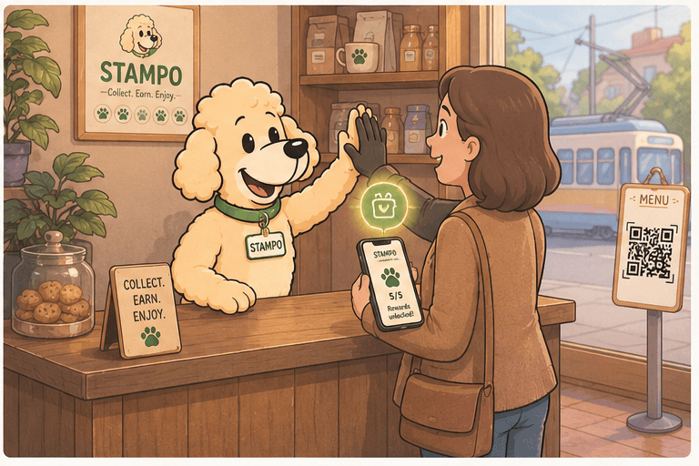 Stampo behind the counter high-fiving a customer who's holding her phone with the wallet card reading 5/5 reward unlocked