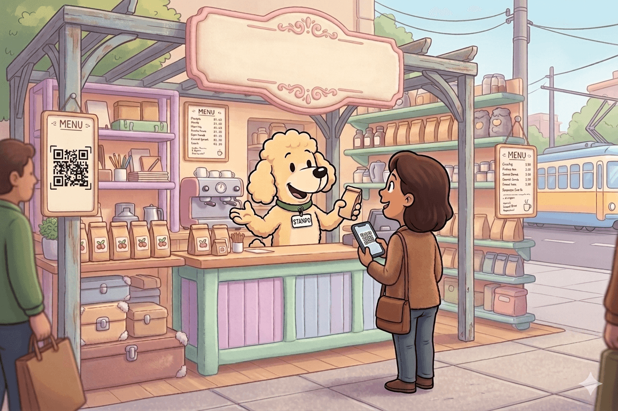 Stampo greeting a customer at a corner café with menus and a QR code