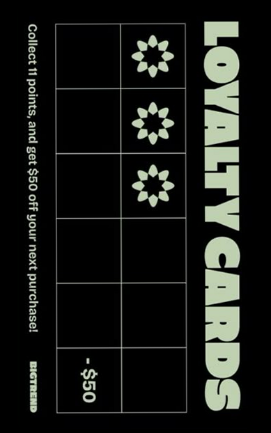 BIGTREND apparel loyalty card with flower stamps and a $50 off reward
